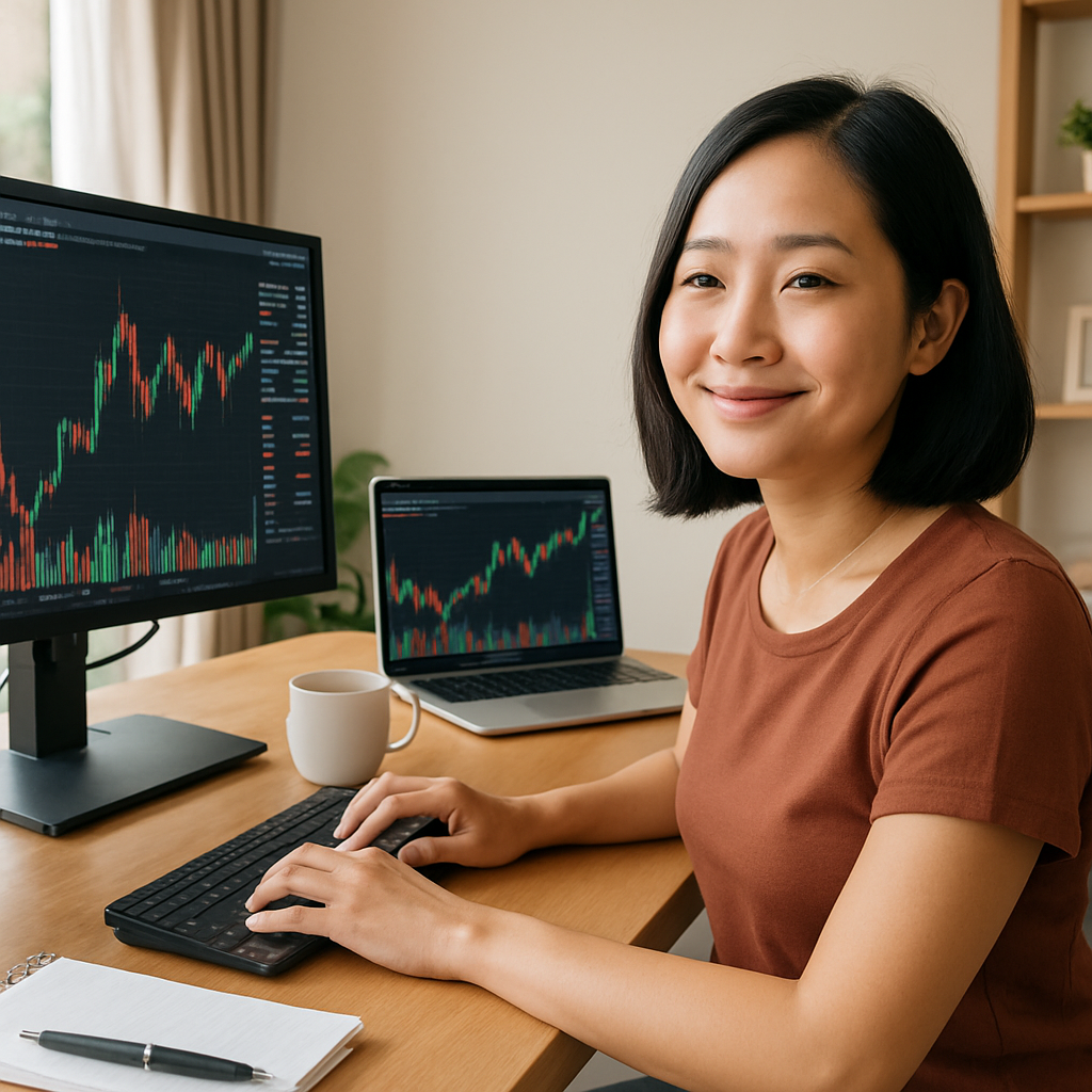 moomoo singapore referral – woman trading stocks on computer at home
