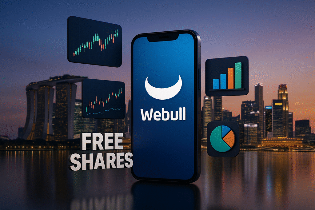 Smartphone with “You’ve earned free shares” message and gift box, promoting Webull referral bonus Singapore.