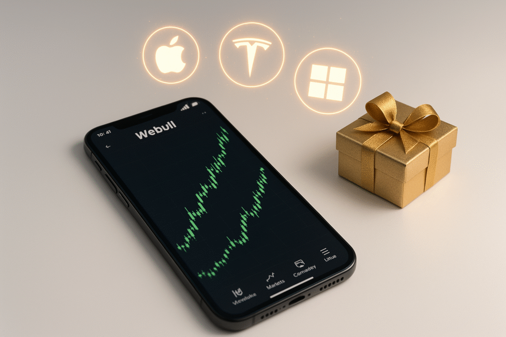 Smartphone showing Webull trading app with green stock charts and golden gift box, representing Webull referral bonus Singapore.