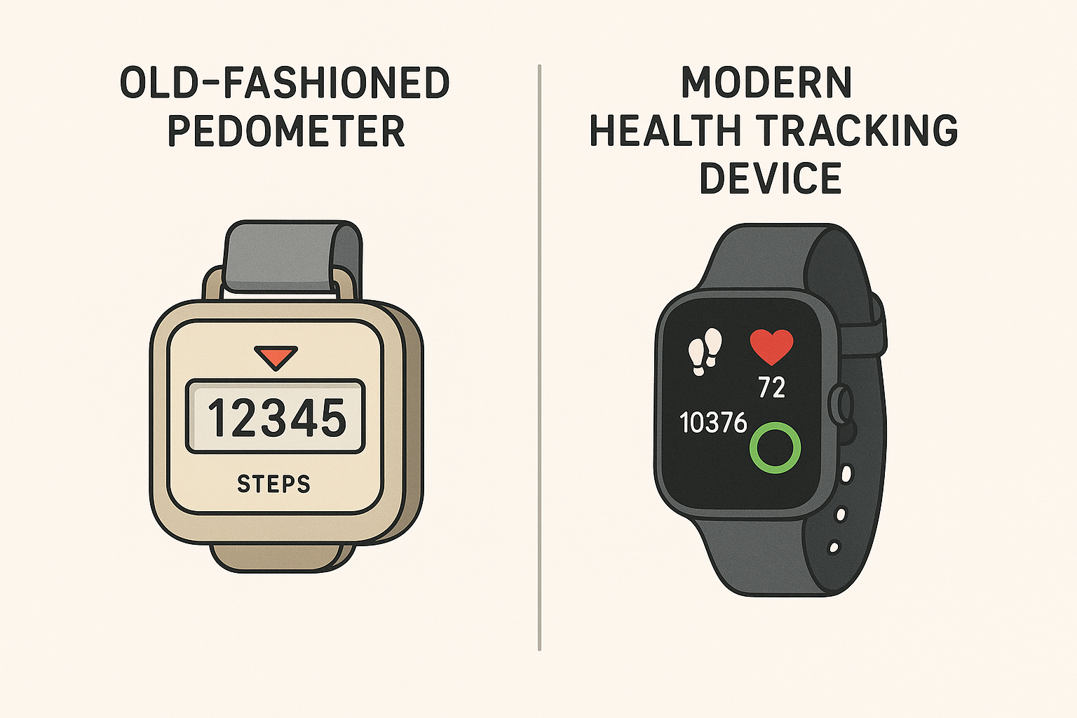 Comparison of an old-fashioned pedometer showing step count and a modern smartwatch health tracker displaying steps, heart rate, and activity data.