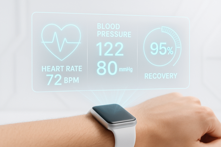 Futuristic smartwatch displaying health data including heart rate, blood pressure, and recovery metrics.