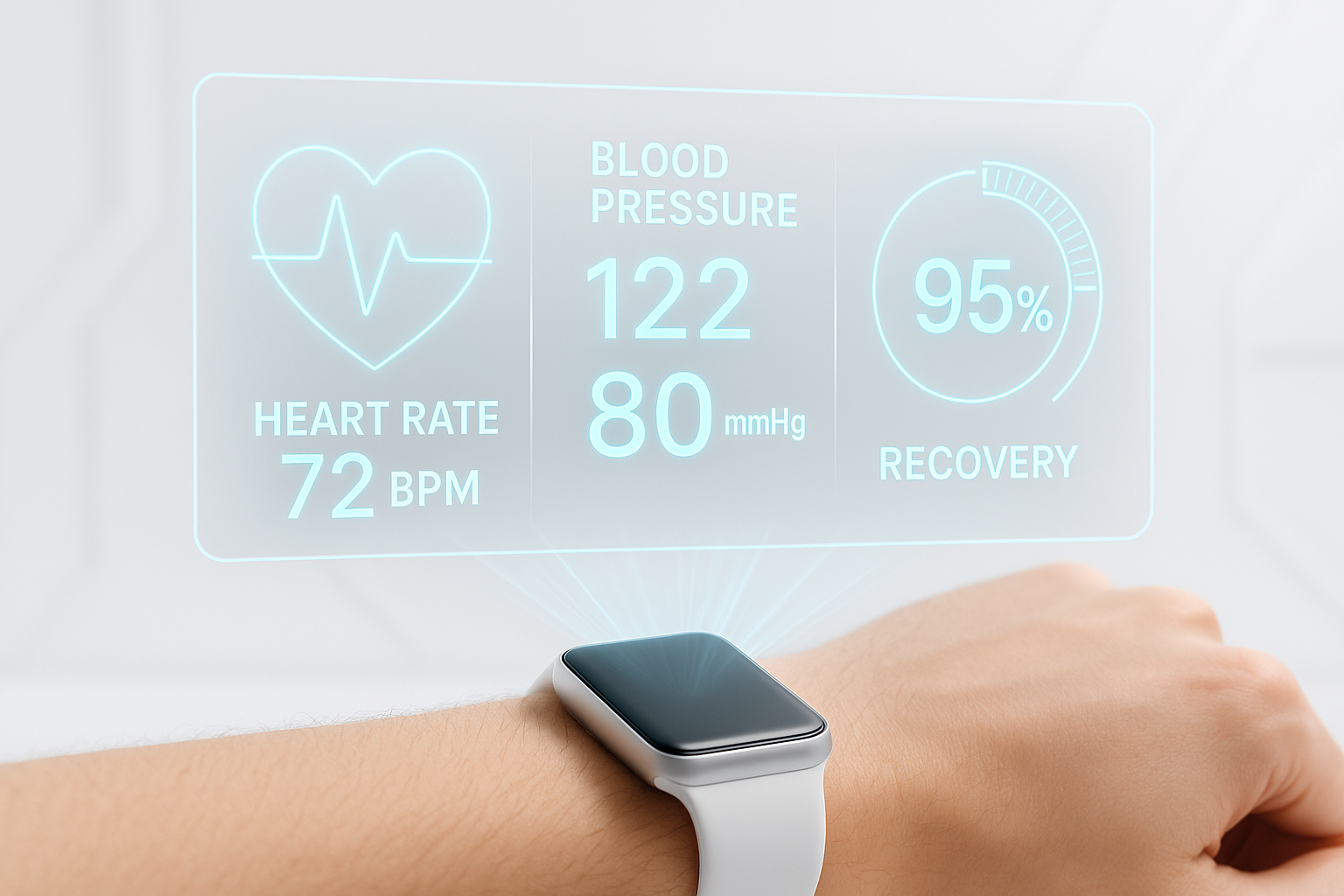 Futuristic smartwatch displaying health data including heart rate, blood pressure, and recovery metrics.