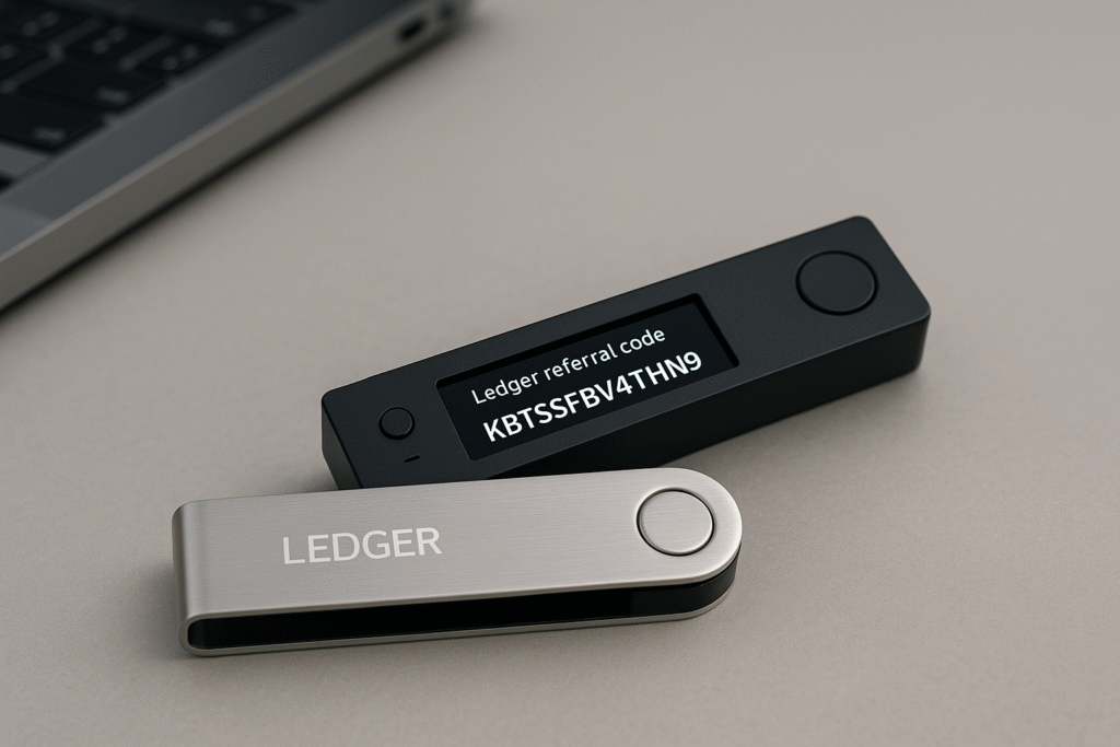 Ledger referral code KBTSSFBV4THN9 displayed on a Ledger hardware wallet next to a laptop