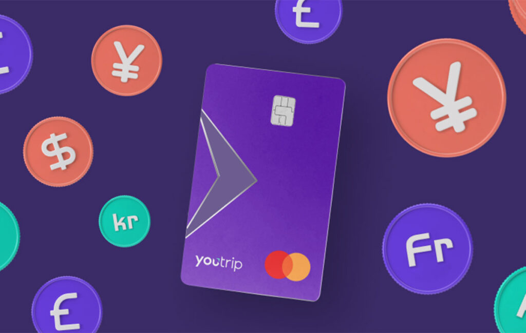 youtrip card singapore with multiple currency symbols background