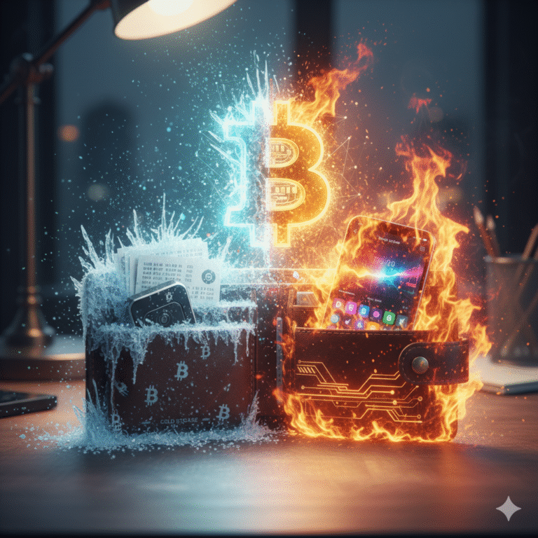 A leather wallet with a Bitcoin symbol emerging. The left side of the wallet is frozen solid with ice, while the right side is engulfed in flames.