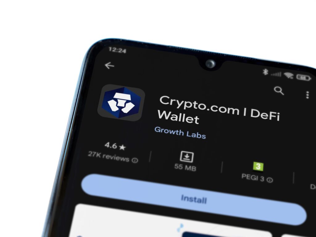 The Crypto.com DeFi Wallet app displayed on a smartphone screen, showing the user interface for managing cryptocurrency.