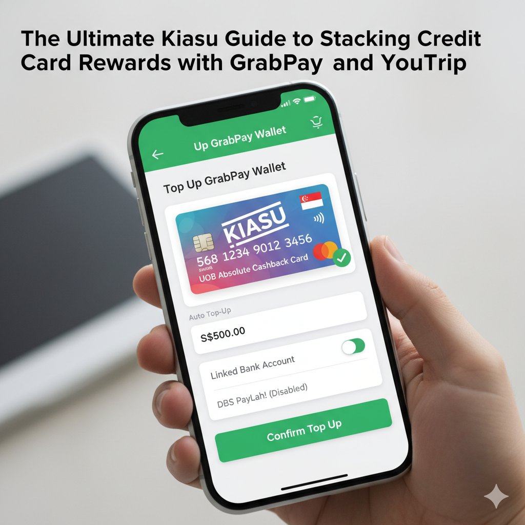 A hand holding a smartphone displaying the Grab app's "Top Up GrabPay Wallet" screen. A credit card labeled "KIASU UOB Absolute Cashback Card" with a Singapore flag is selected, showing a top-up amount of S$500.00 and a "Confirm Top Up" button. This image illustrates the first step of topping up the GrabPay wallet with a rewards credit card.